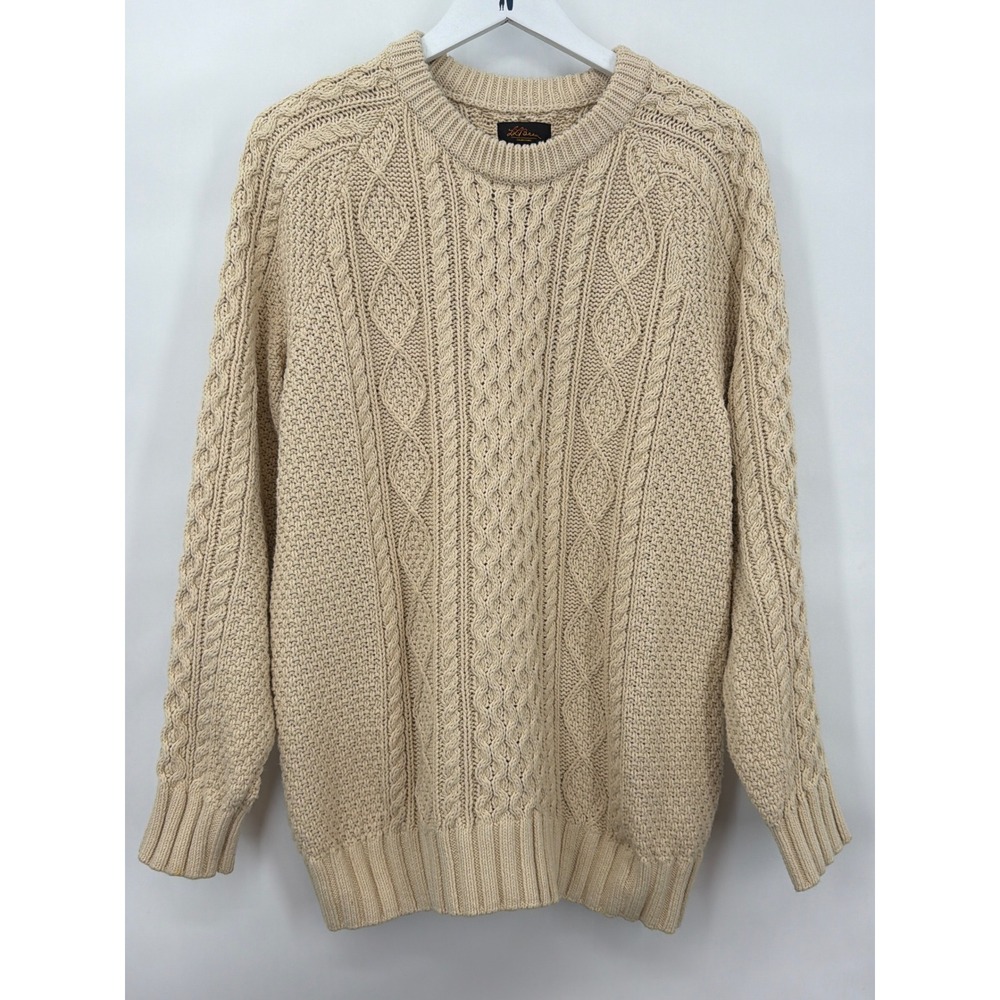 LL Bean Signature Mens Large Cream 100% Cotton Cable Knit Sweater Fisherman